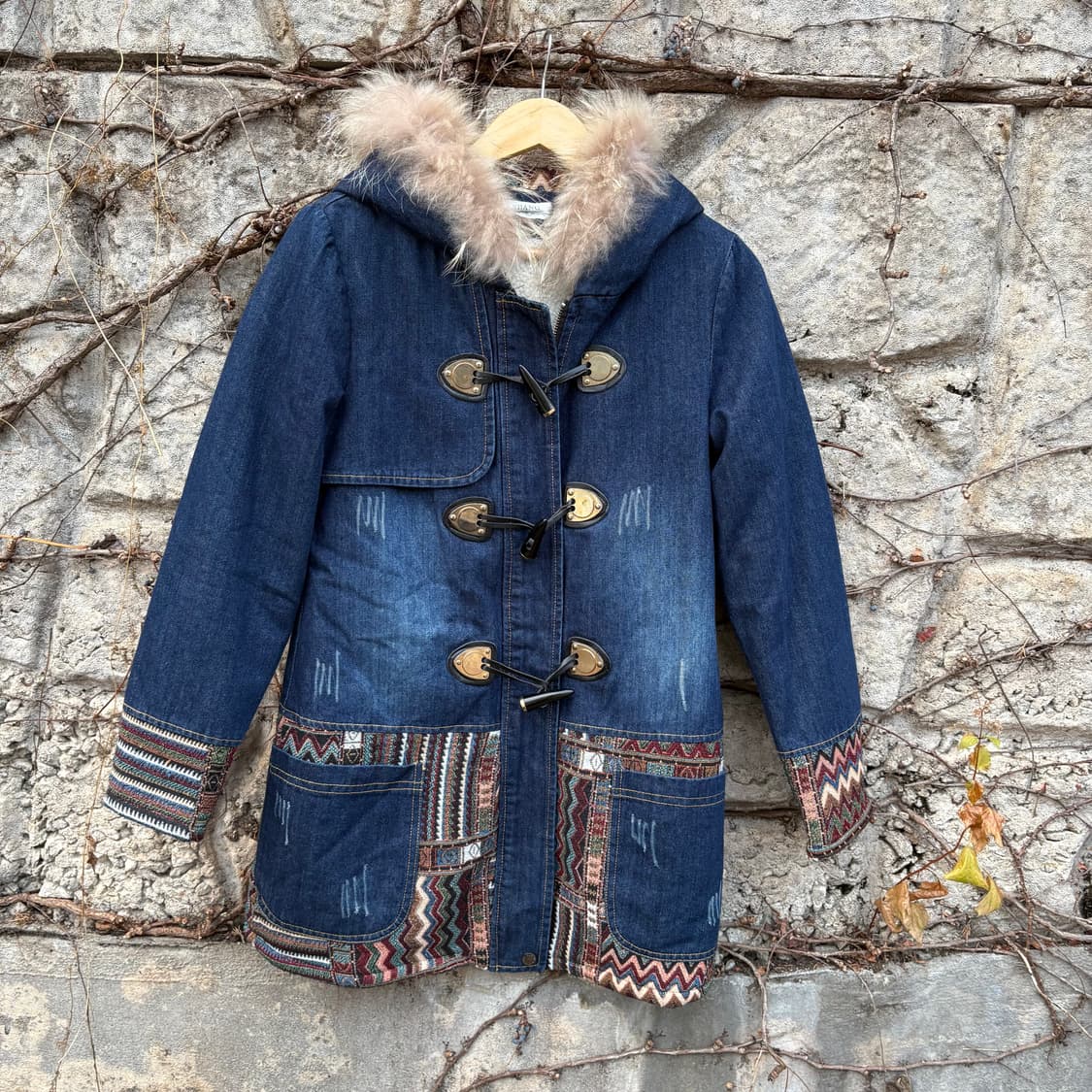 여성 빈티지 보헤미안 모리 패치 자수 Y2k 퍼 데님 더플 코트 상품이미지4