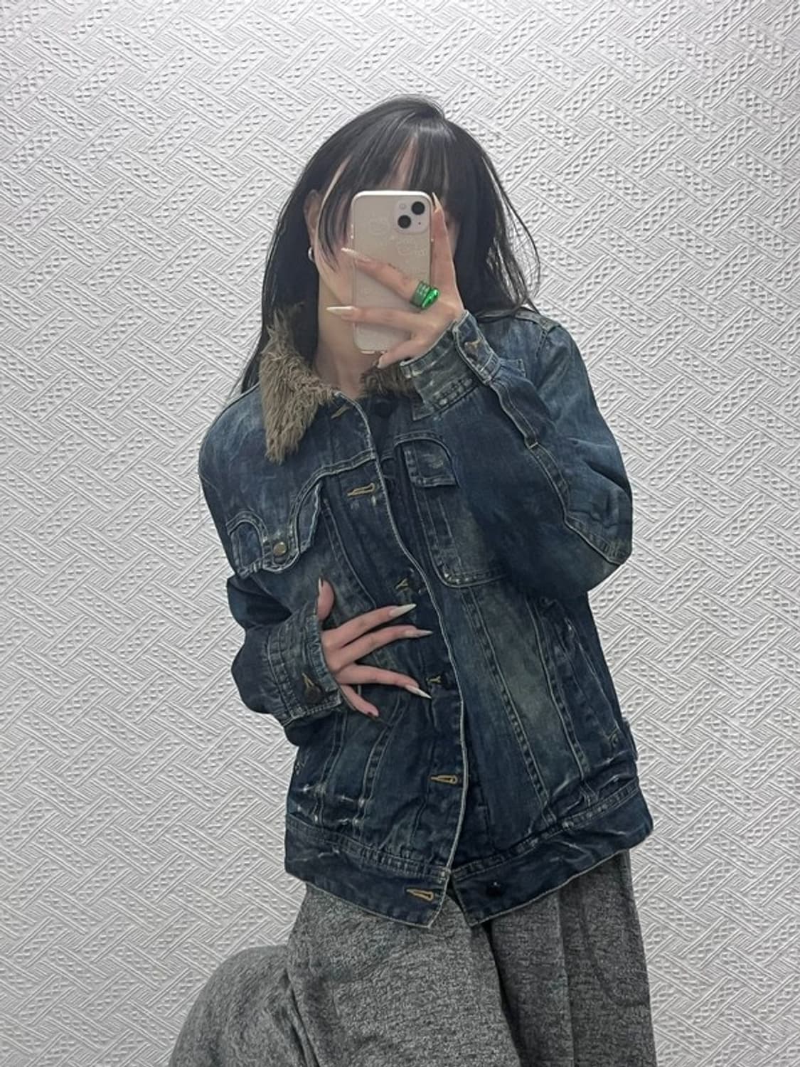 버커루 핀터감성 빈티지 데미지 워싱 퍼 데님 자켓 L C08364 상품이미지1