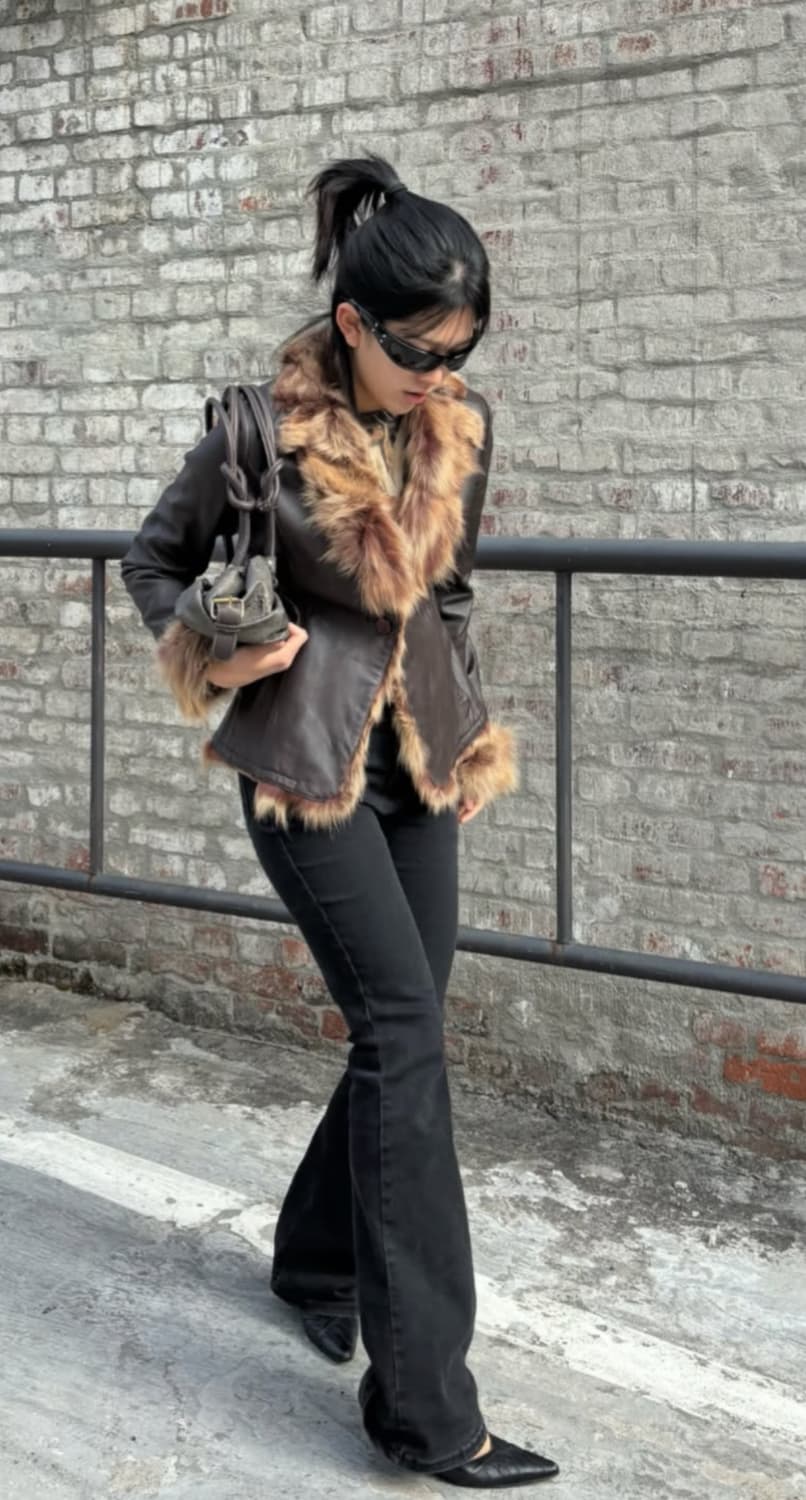 양가죽 레더 퍼 재킷 밀크초코컬러 y2k 상품이미지1