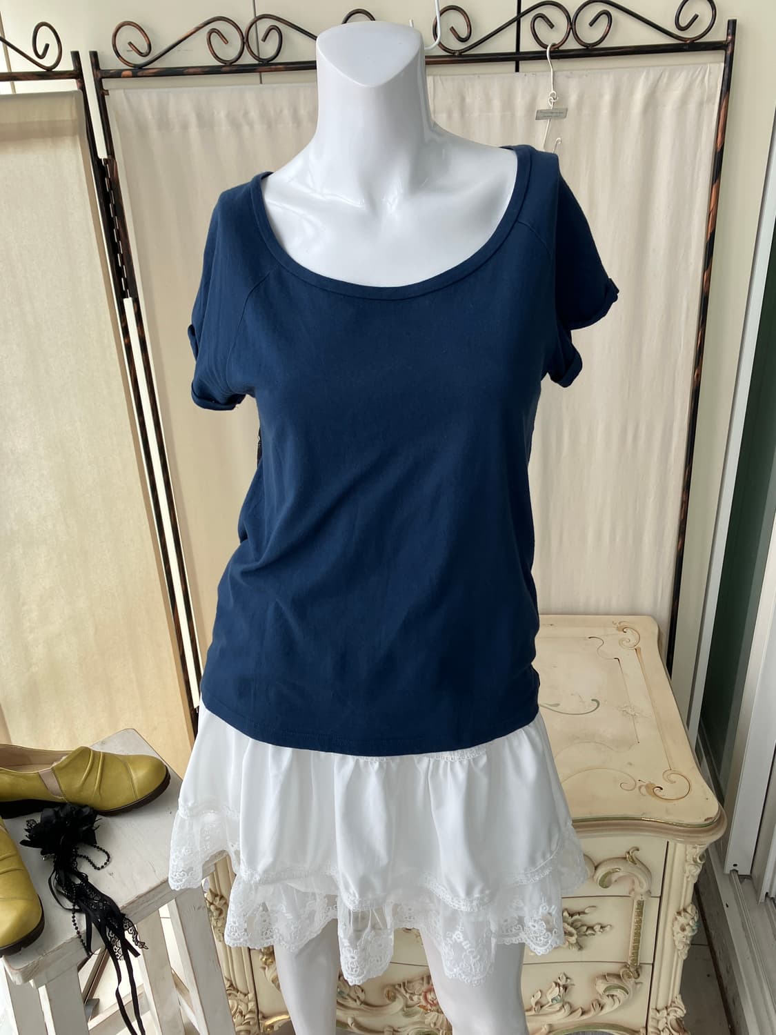 블루 크로셰 레이스 반팔 1275 모리걸 일본빈티지 상품이미지4
