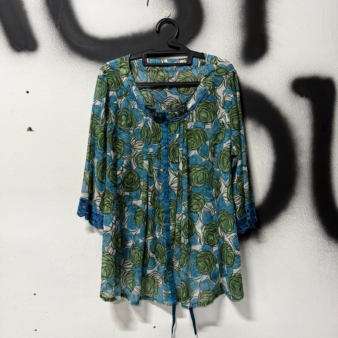 VTG 빈티지 핀턱 레이스 블루 플로럴 시스루 셔츠 블라우스 상품이미지1