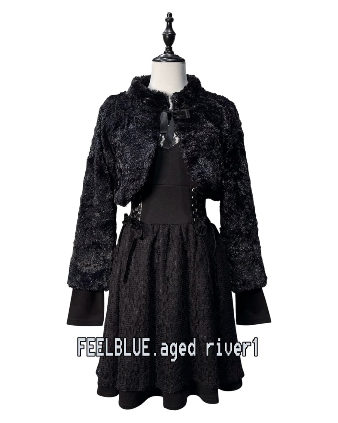 Black Fur Crop Jacket, Corset Lace Dress 상품이미지1