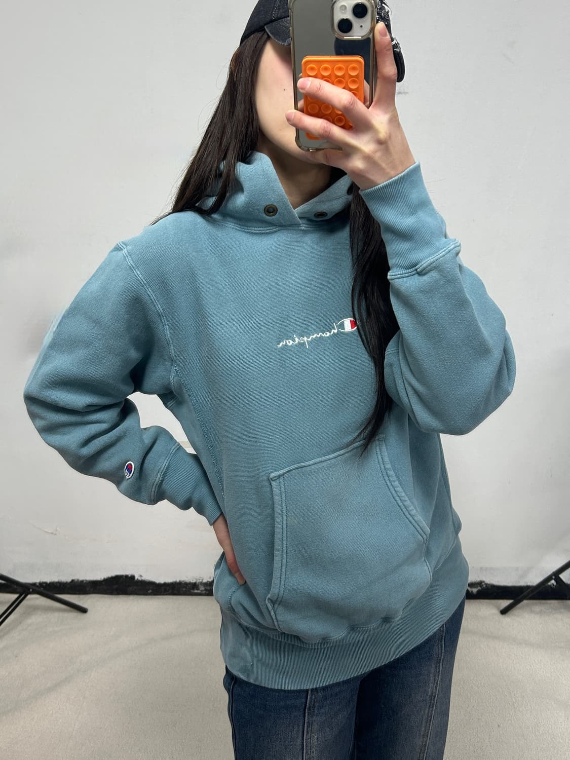 빈티지 챔피온 리버스위브 센터로고 후드티 상품이미지1