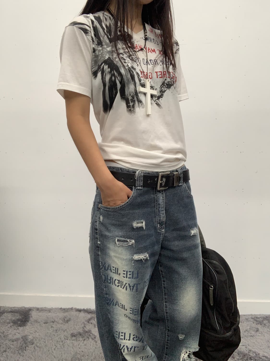 Lee 레터링 워싱 데미지 데님 팬츠 상품이미지3