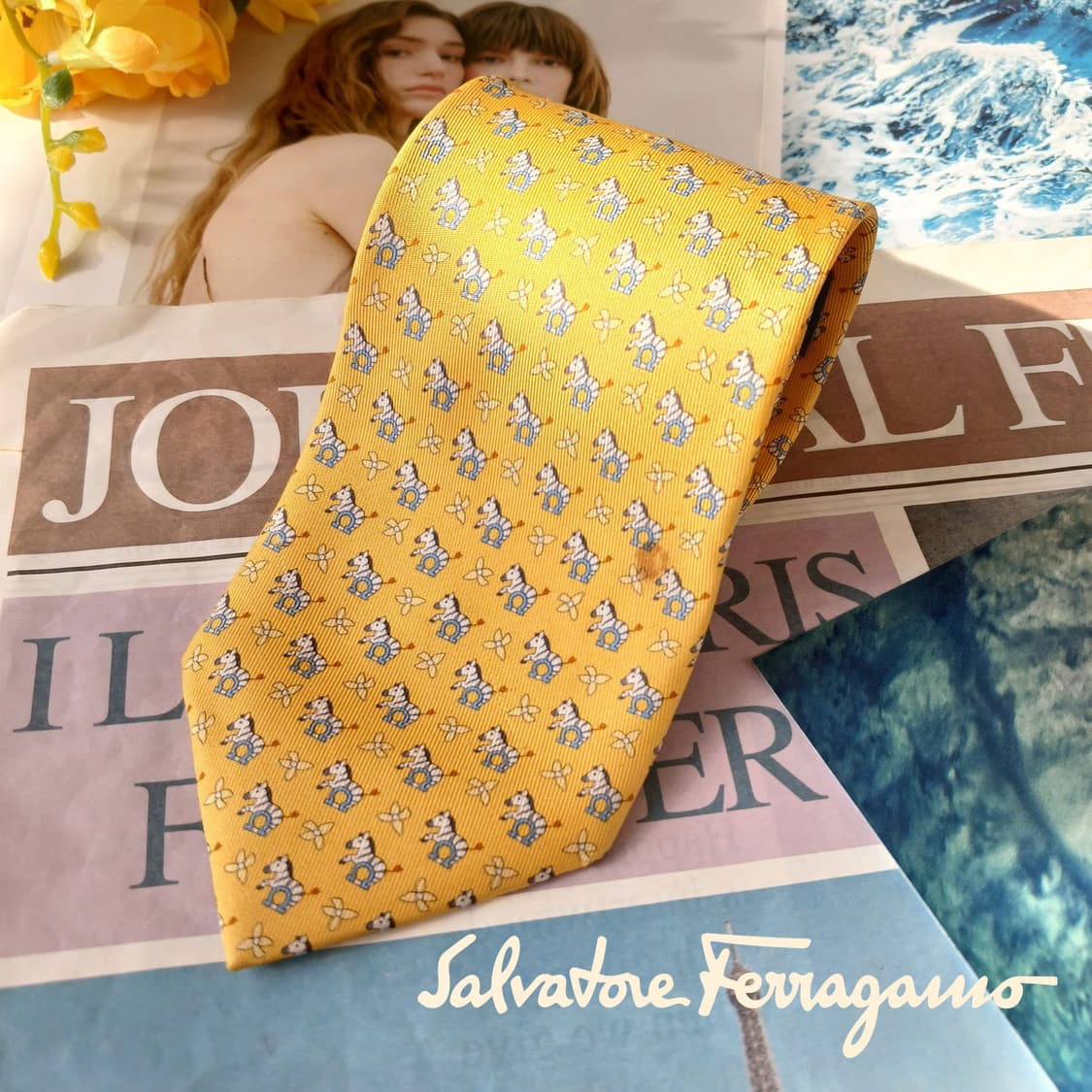 페라가모 옐로우 애니멀 패턴 넥타이 8.3cm B등급 A19716 상품이미지1