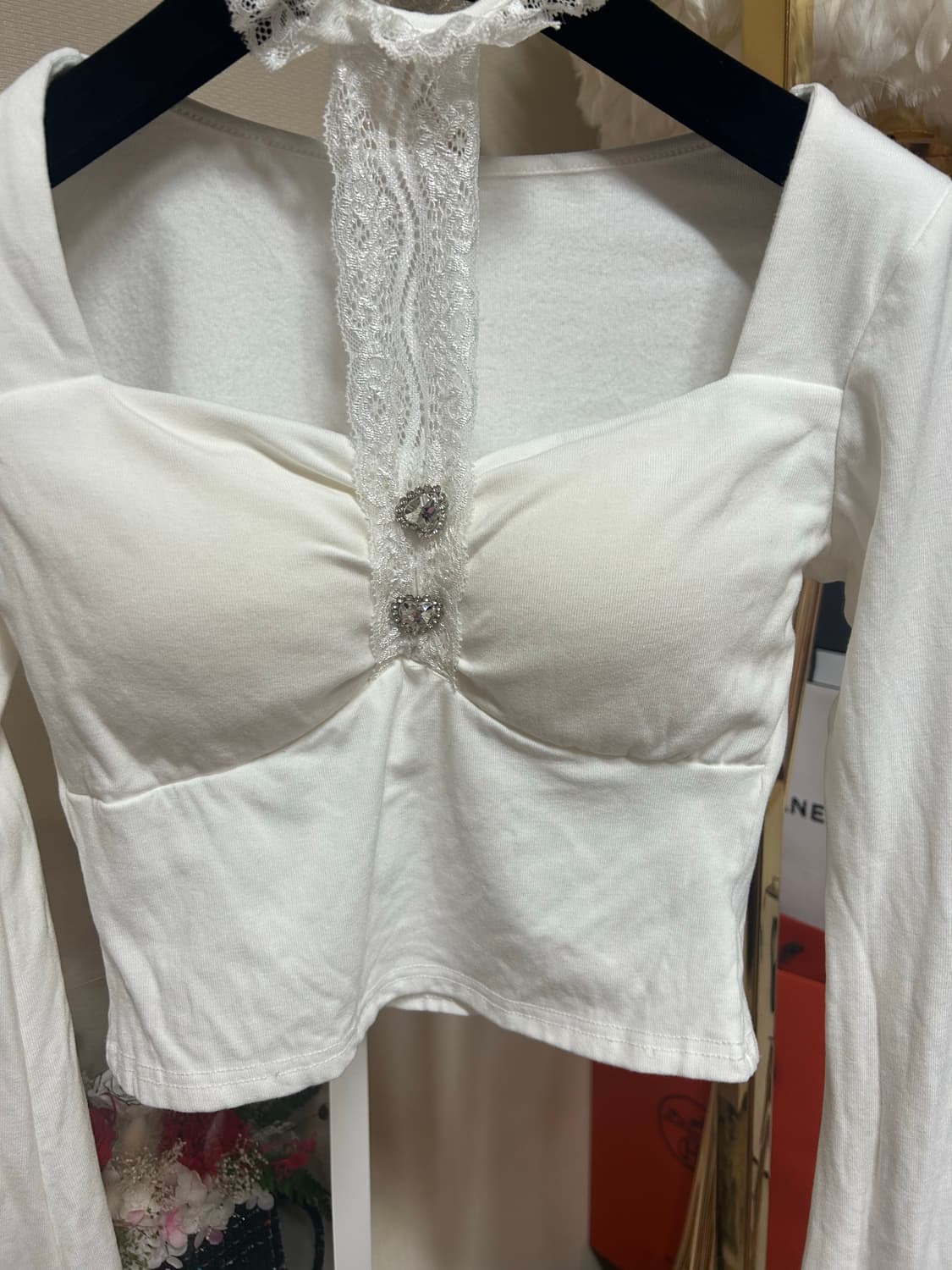 초커 큐빅 버튼 포인트 스퀘어넥 탑 상품이미지2