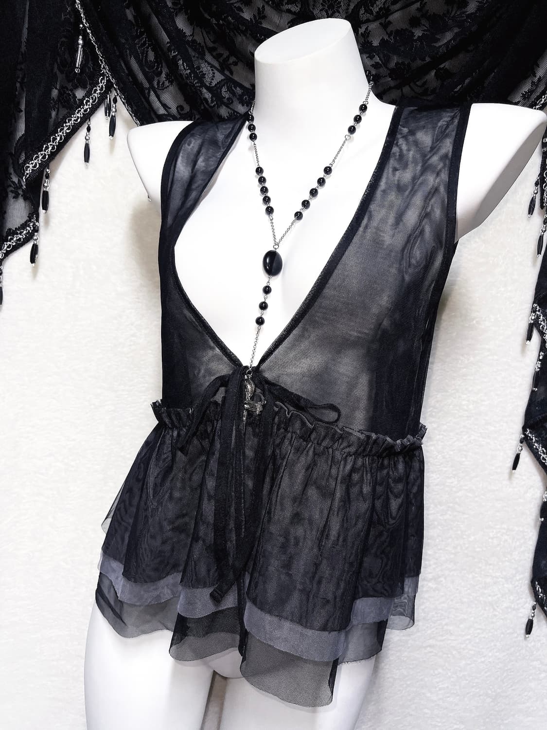 로맨틱고딕 오리엔탈 고스펑크 다크페어리 블랙시스루 프릴 조끼 베스트 상품이미지1