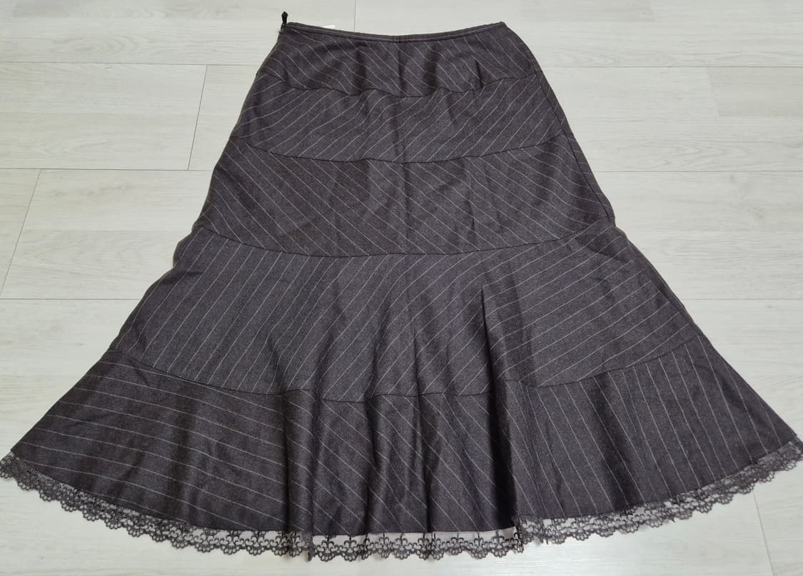 빈티지 긱시크 브라운 핀 스트라이프 레이스 플레어 롱 치마  상품이미지1
