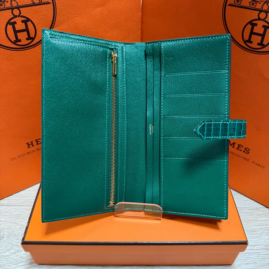 [S급/OS] 에르메스 베안 와니 크로커다일 장지갑 그린 풀구성 상품이미지9