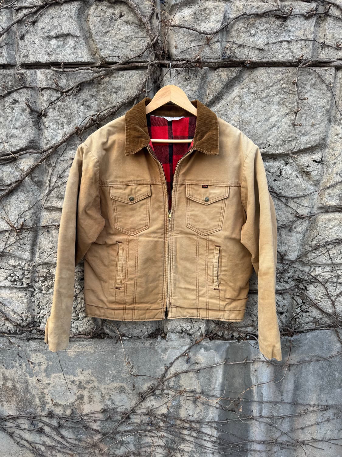 70s 키임페리얼 버팔로 체크 페이딩 캔버스원단 트러커 워크 자켓 상품이미지1