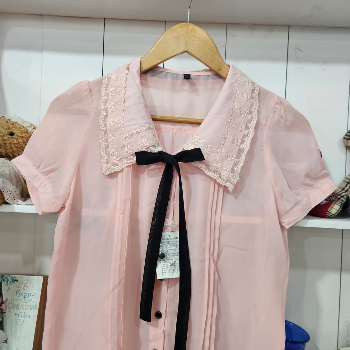 레이스 세일러카라 핑크 리본 블라우스 상품이미지4