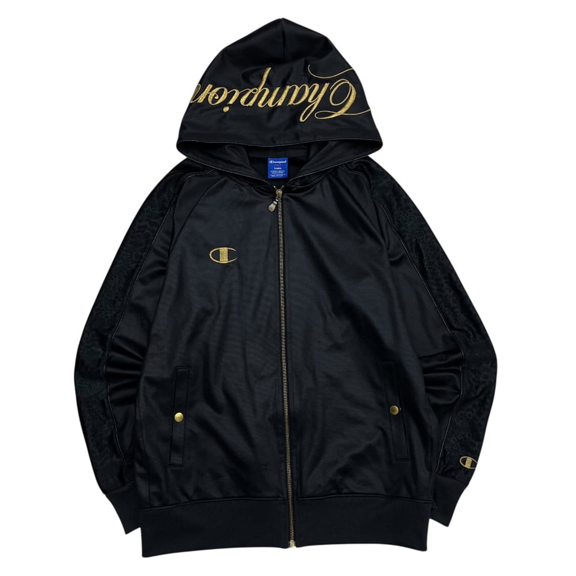 챔피언 골드 배색 호피라인 블랙 새틴 후드집업 L 상품이미지4