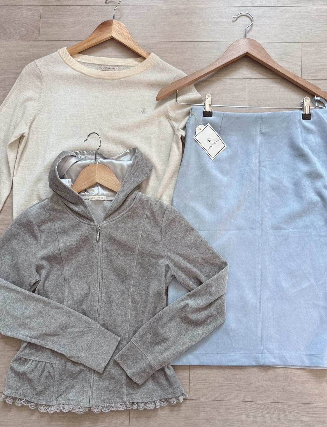 아이보리니트/스카이블루 스커트/레스트로즈 집업 상품이미지1