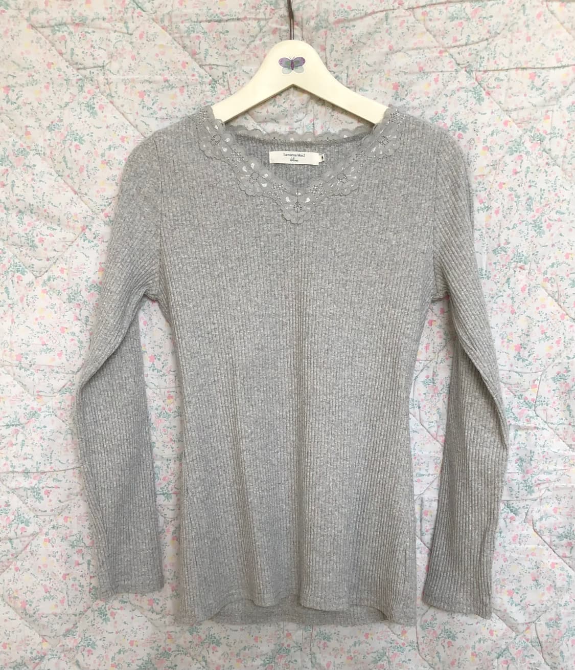 빈티지 레이스 브이넥 골지 긴팔티 상품이미지1