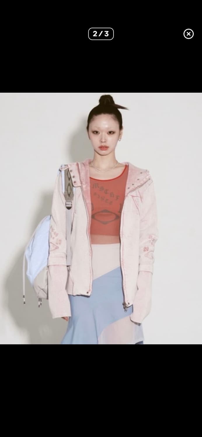 (W) 미스치프 컷 오프 후드 워시드 핑크 브라운 후드집업 상품이미지2