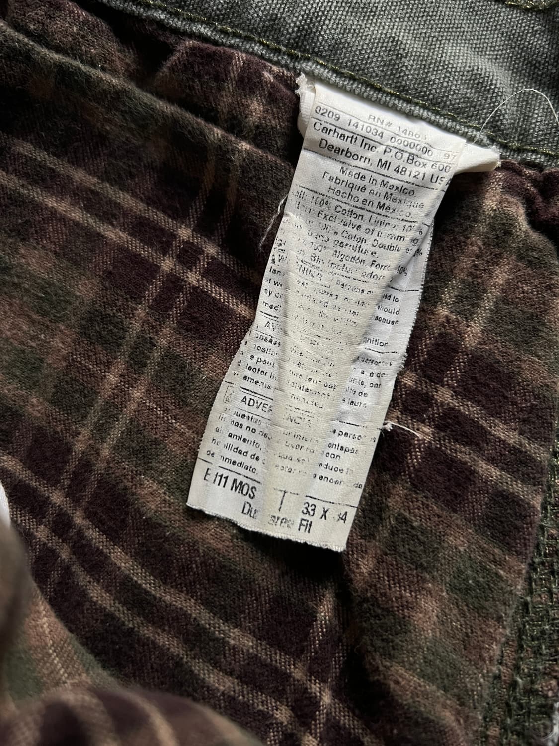 [33]칼하트 USA 체크 라이닝 모스그린 싱글니 워크팬츠 상품이미지4