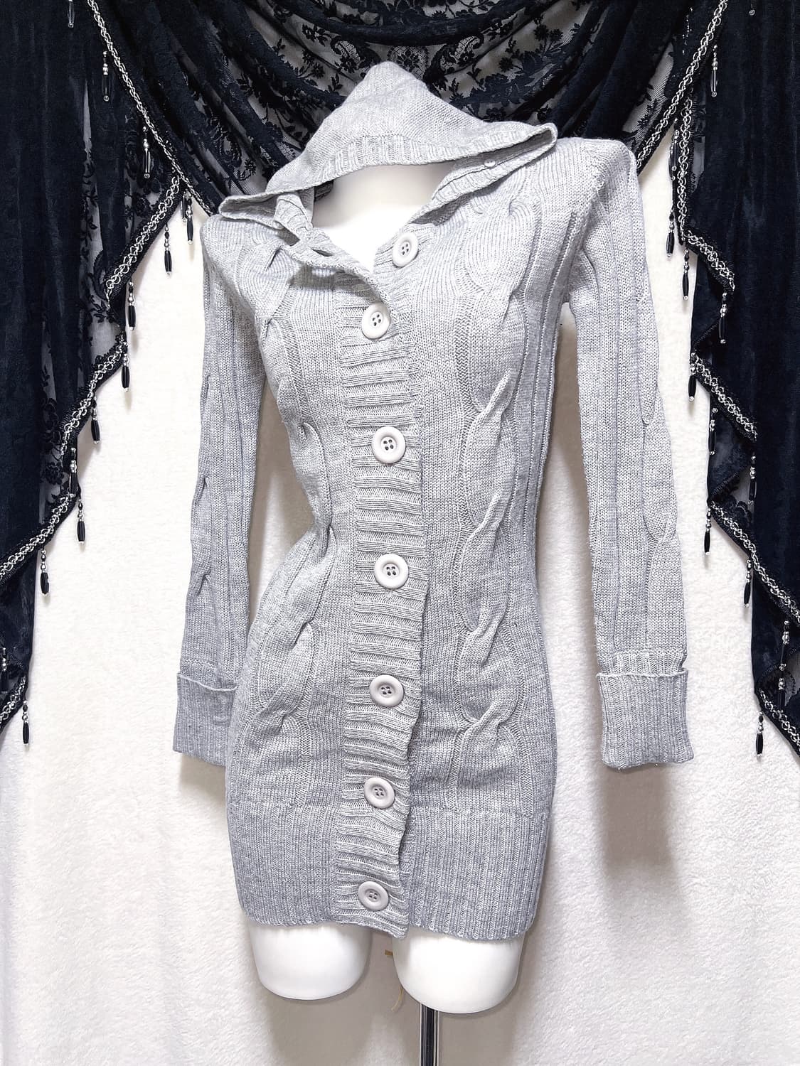 그레이 꽈배기 후드 니트원피스 가디건 로맨틱갸루 로걀 섹시 펑크 y2k 상품이미지5