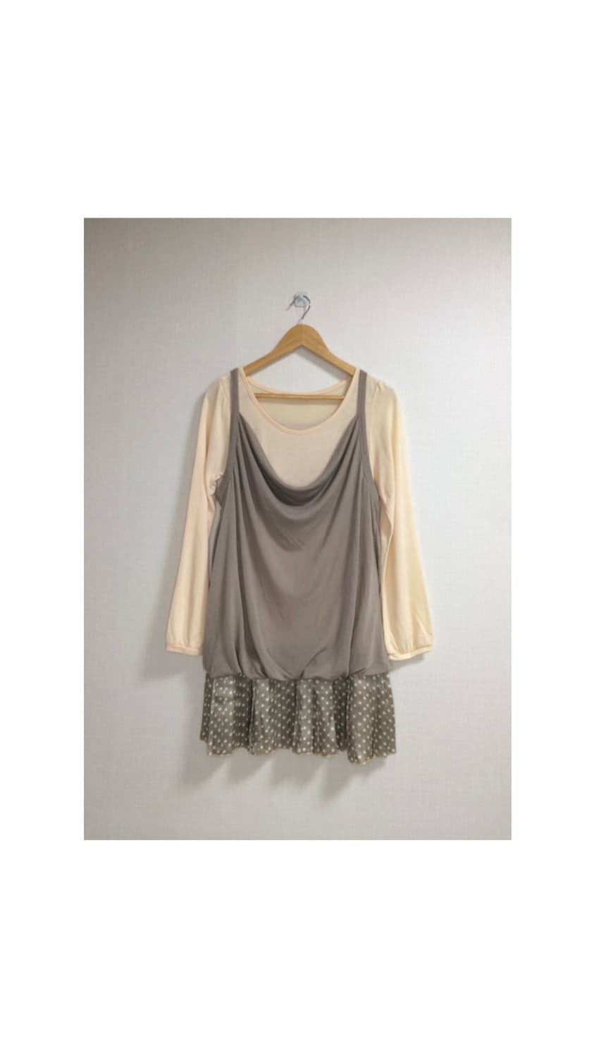 빈티지 핑크 베이지 레이어드 플리츠 도트 원피스 튜닉 상품이미지2