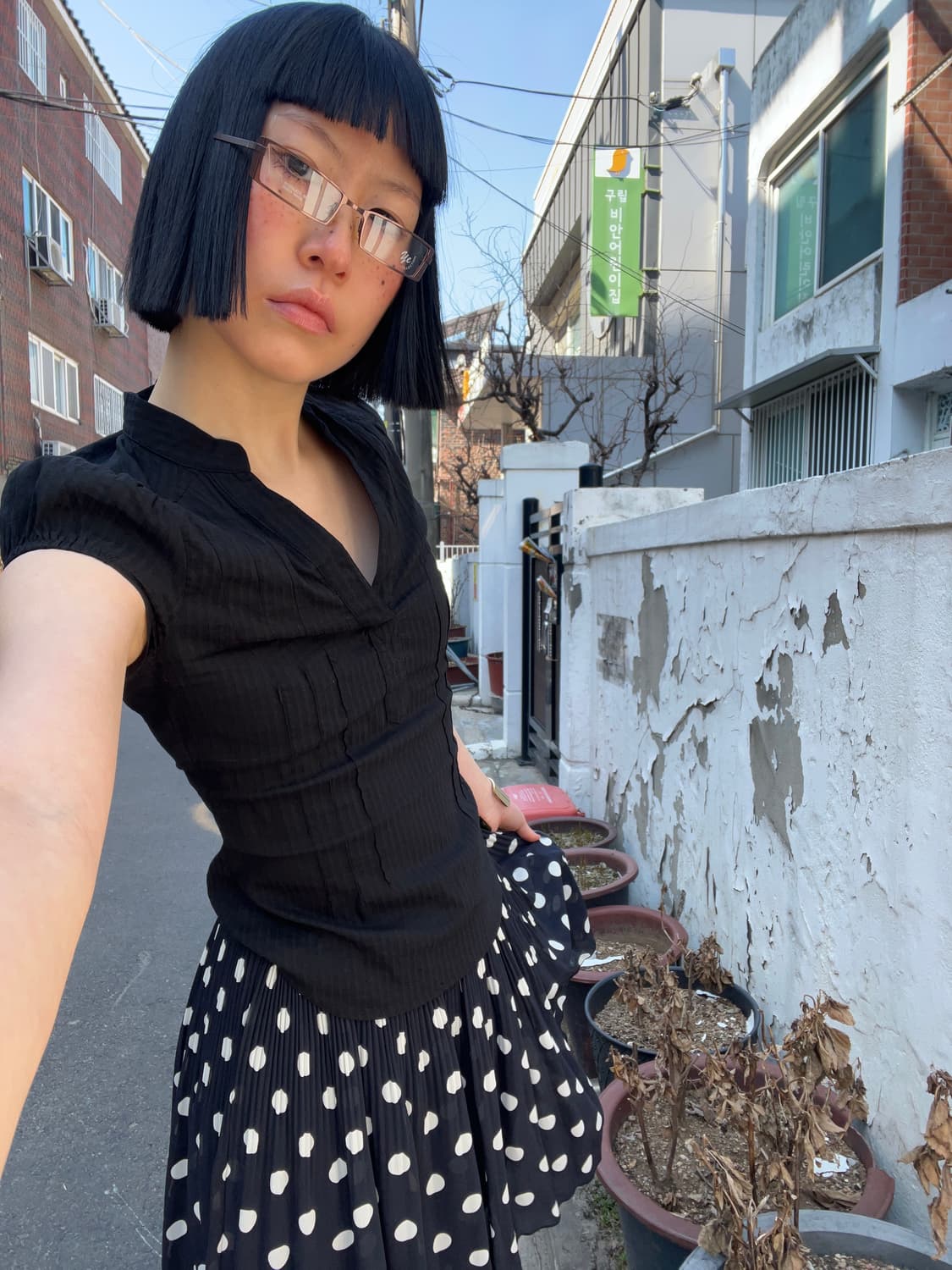 도트 무늬 블랙 프릴 미디 스커트 상품이미지2