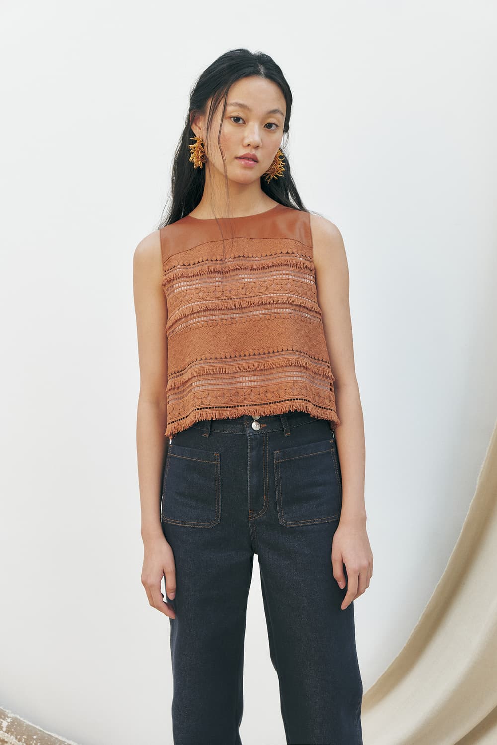 [s] KUME 쿠메 프린지 레이스 보헤미안 에스닉 민소매 나시 탑 상품이미지1