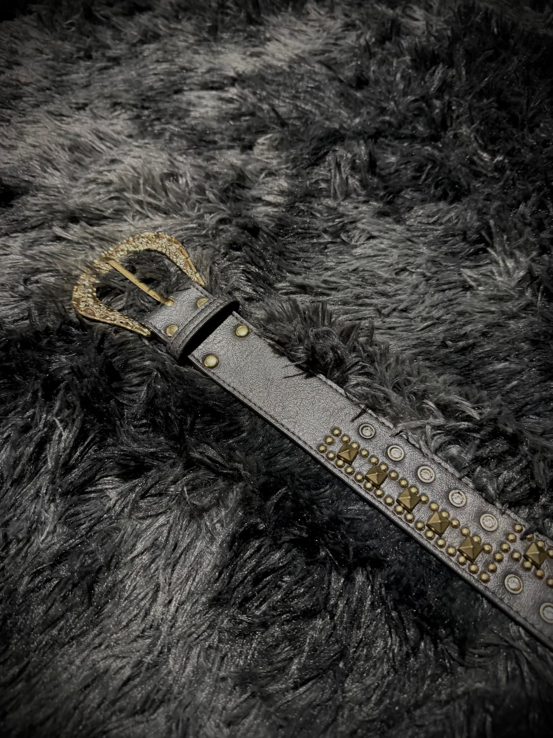 금장 벨크로 스터드  큐빅 블랙 가죽 벨트 상품이미지1