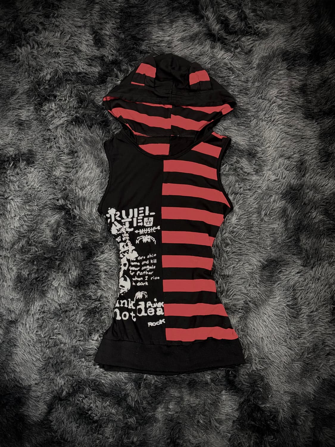 Y2K 펑크 캣이어 후드 스트라이프 슬리브리스 상품이미지1