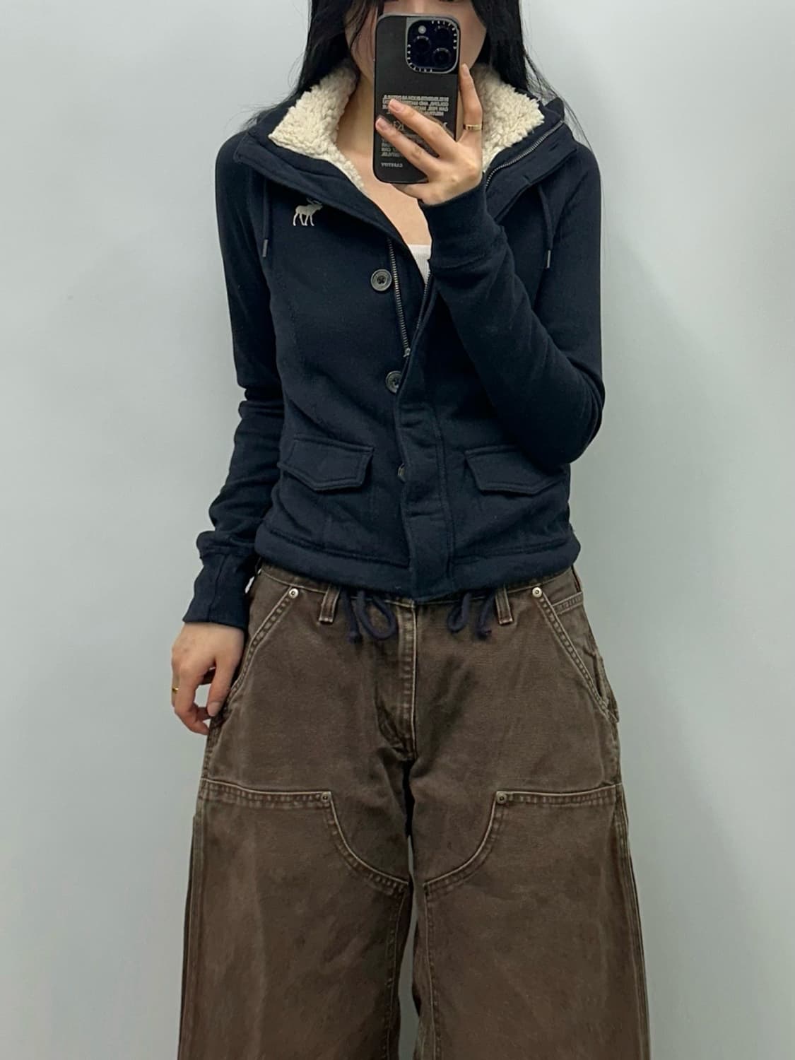 아베크롬비 y2k 와투케 산양로고 네이비 울프죠 양털 후드 자켓 상품이미지1