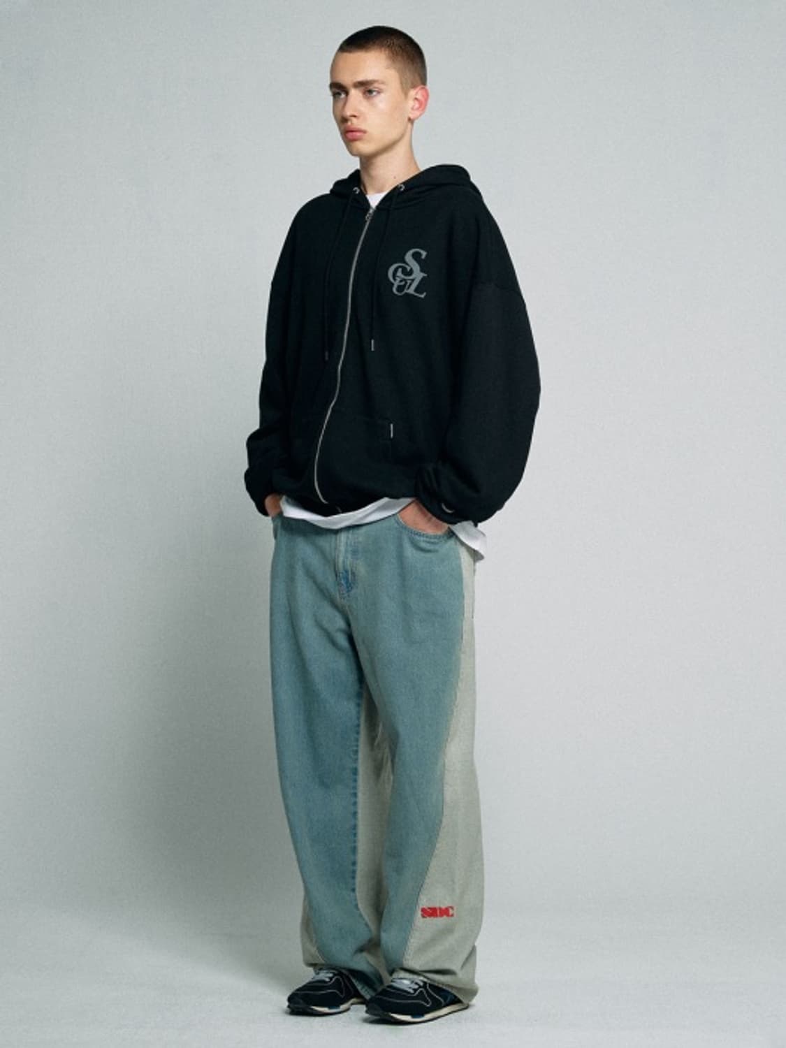 스컬프터 리버스 컬러 블록 배색 와이드 오버핏 데님 팬츠 S  상품이미지3