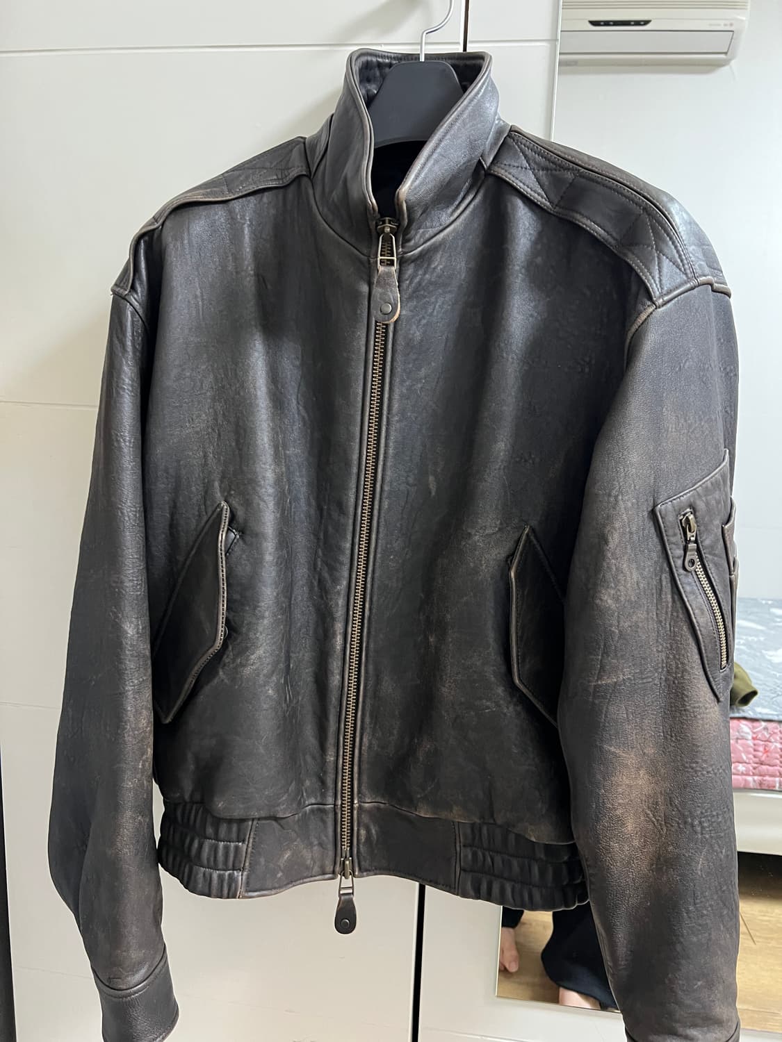 택포55) 쿠어 빈티지 쉘터 넥 카라 레더 자켓 L 상품이미지1