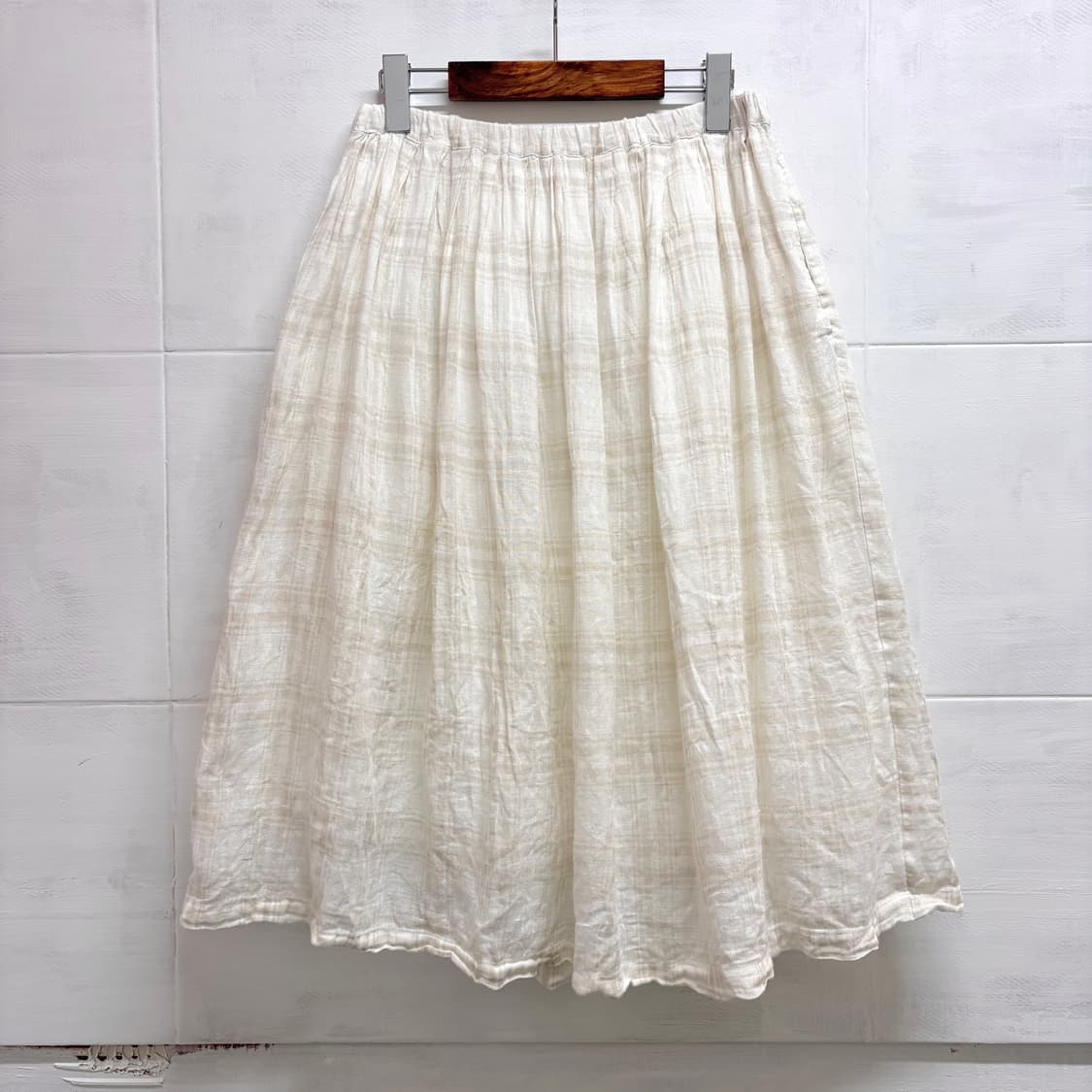 Pual ce cin 아이보리 린넨 모리걸 페어리 체크 미디스커트 JPN 상품이미지1