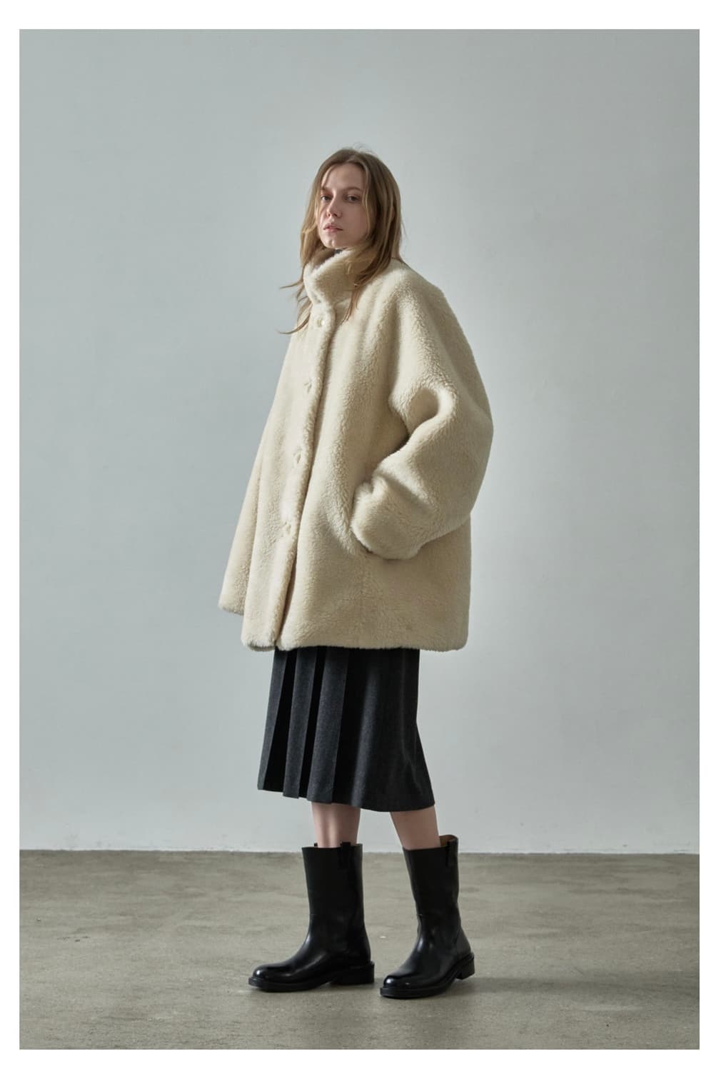 파사드패턴 램스울 퍼 하프 코트 cream XS 새상품 상품이미지1