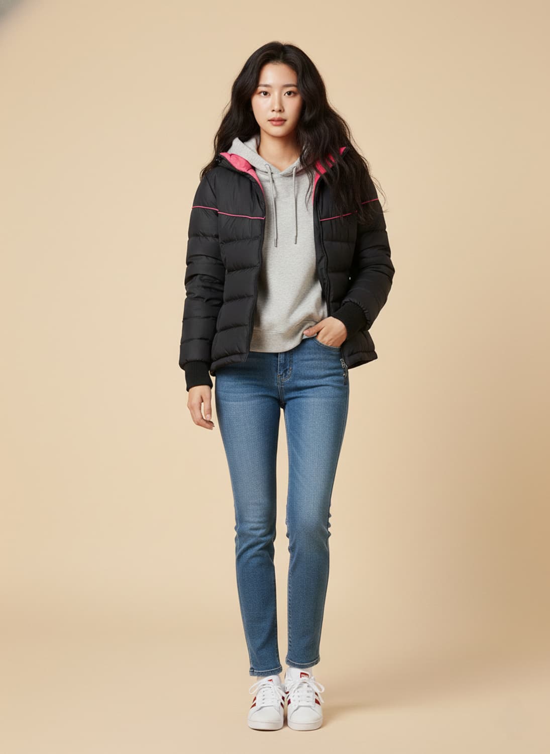 오니츠카 타이거[Onitsuka Tiger] 핑크 배색 후드 다운 패딩 상품이미지7