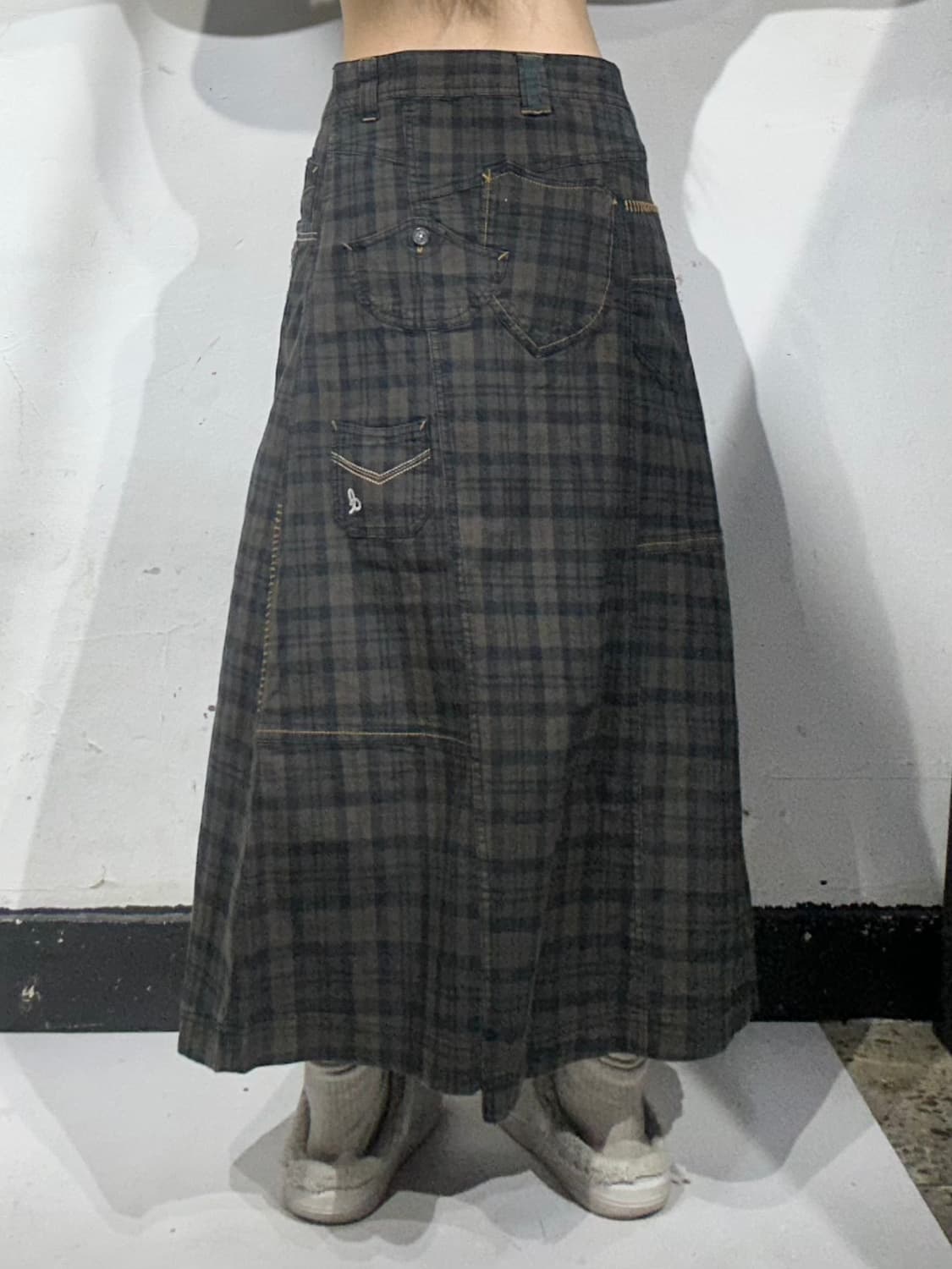 일본 빈티지 카키 체크 키치 롱 스커트  상품이미지3