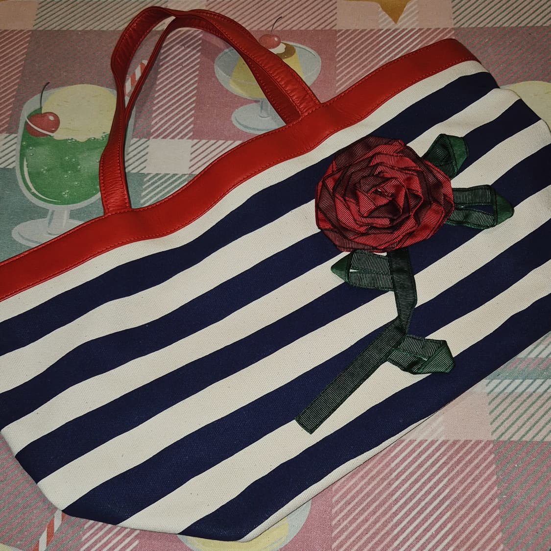 90s 모스키노 스프라이프 장미 레더 토트백 상품이미지9