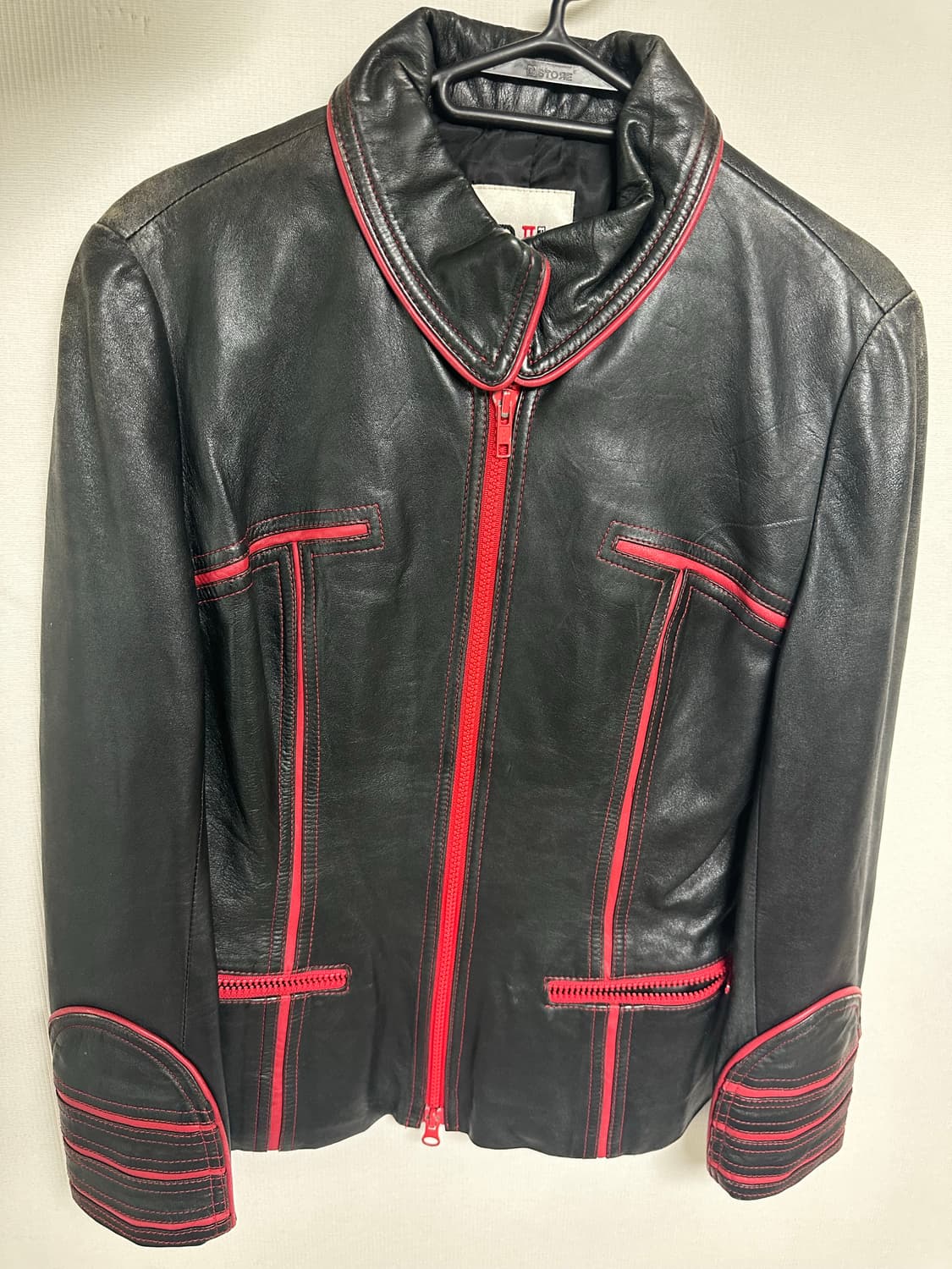 빈티지 블랙 레드 파이핑 라인 포인트 레더 자켓 가죽 집업 상품이미지1
