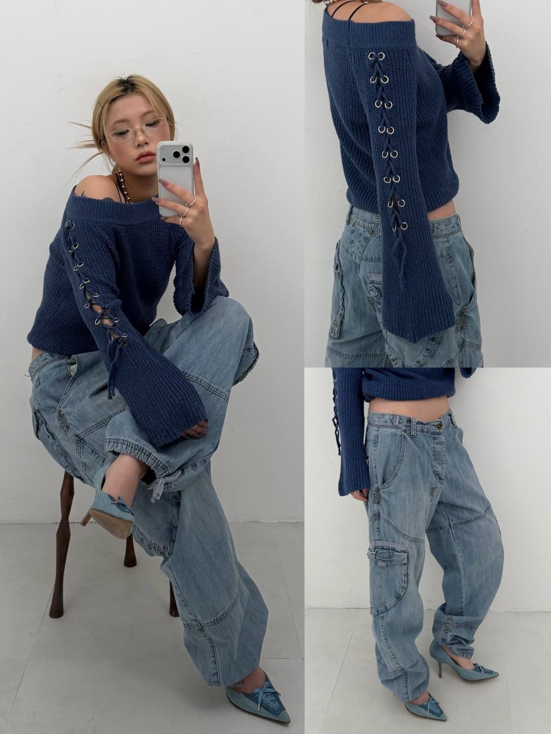 Gorge 데님 블루 아일렛 디테일 니트 상품이미지5