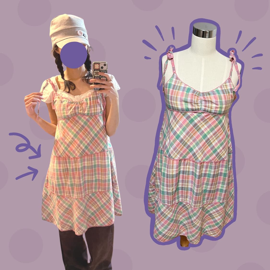 빈티지 코튼캔디 핑크 체크무늬 레이어드 원피스 상품이미지1