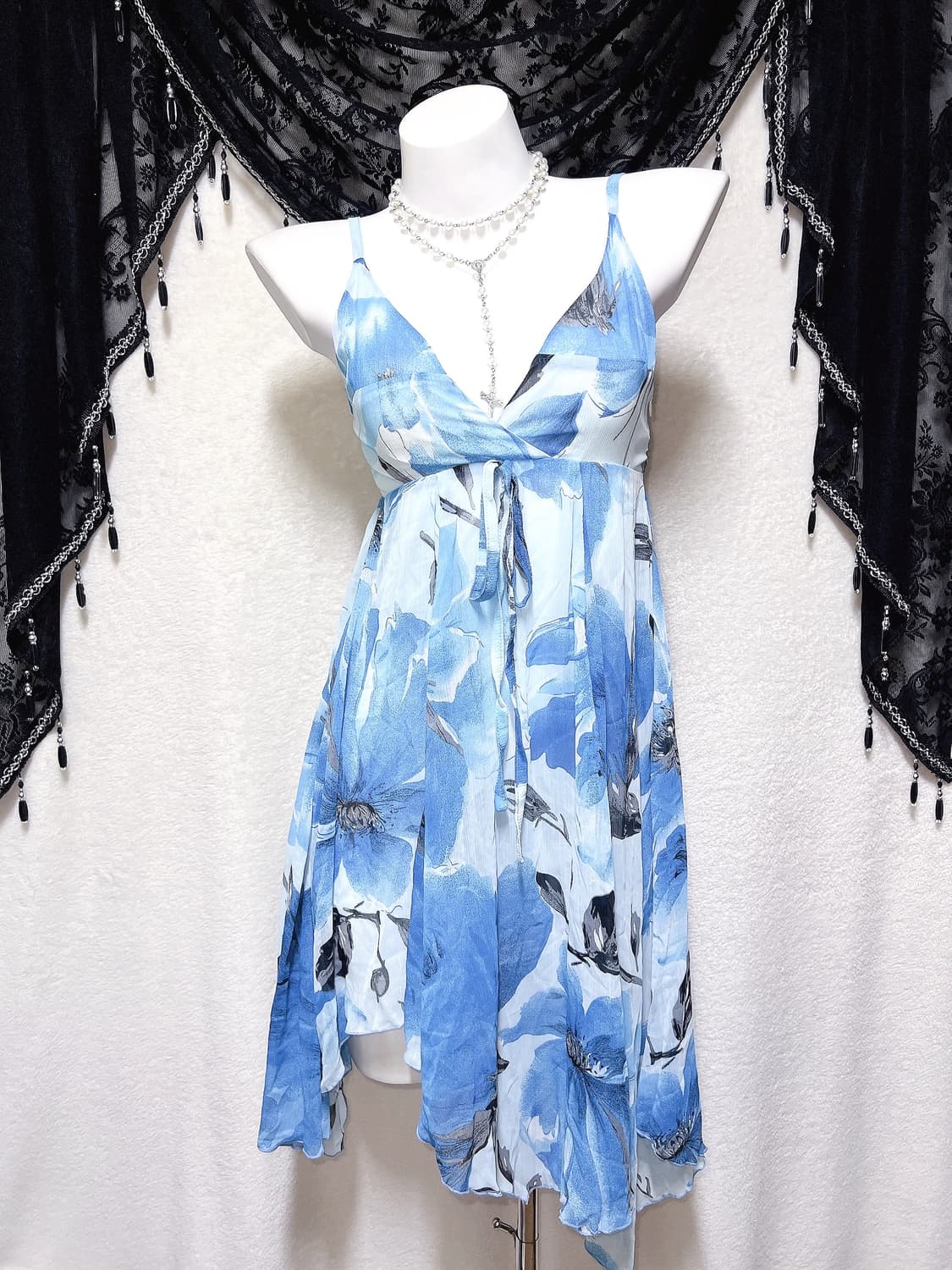 블루 오리엔탈 페어리 플라워 쉬폰 언발 미니원피스 하와이안 갸루 핀터 상품이미지7