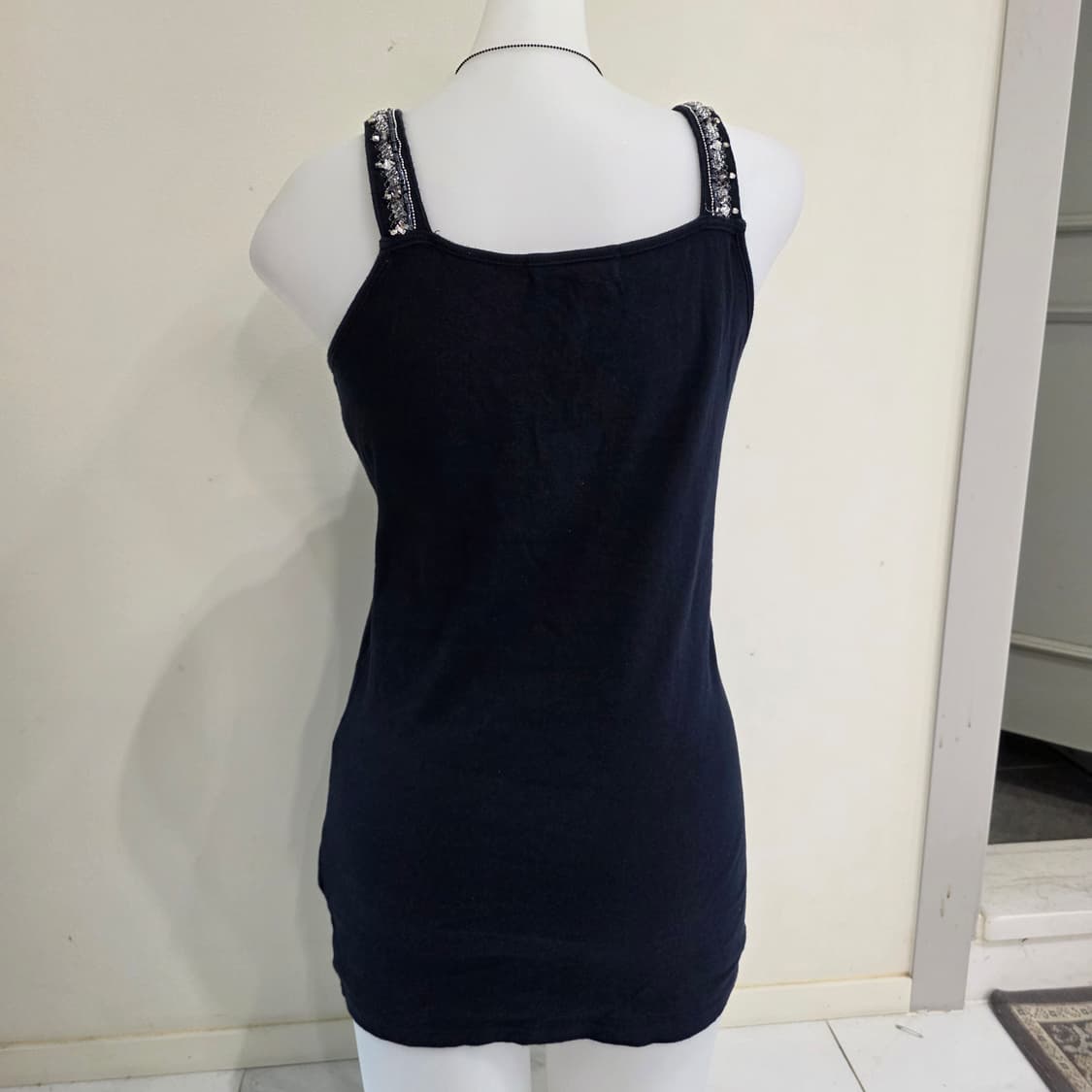 일본빈티지)네이비 오네갸루st 비즈장식 모리걸 y2k 슬리브리스민소매탑 상품이미지4