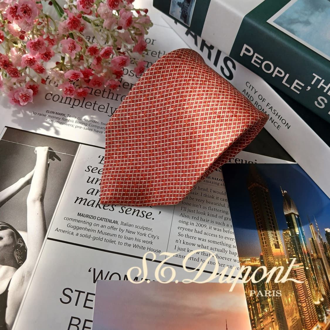 에스.티. 듀퐁 실크 오렌지 패턴 넥타이 8.5cm A등급 E825 상품이미지2