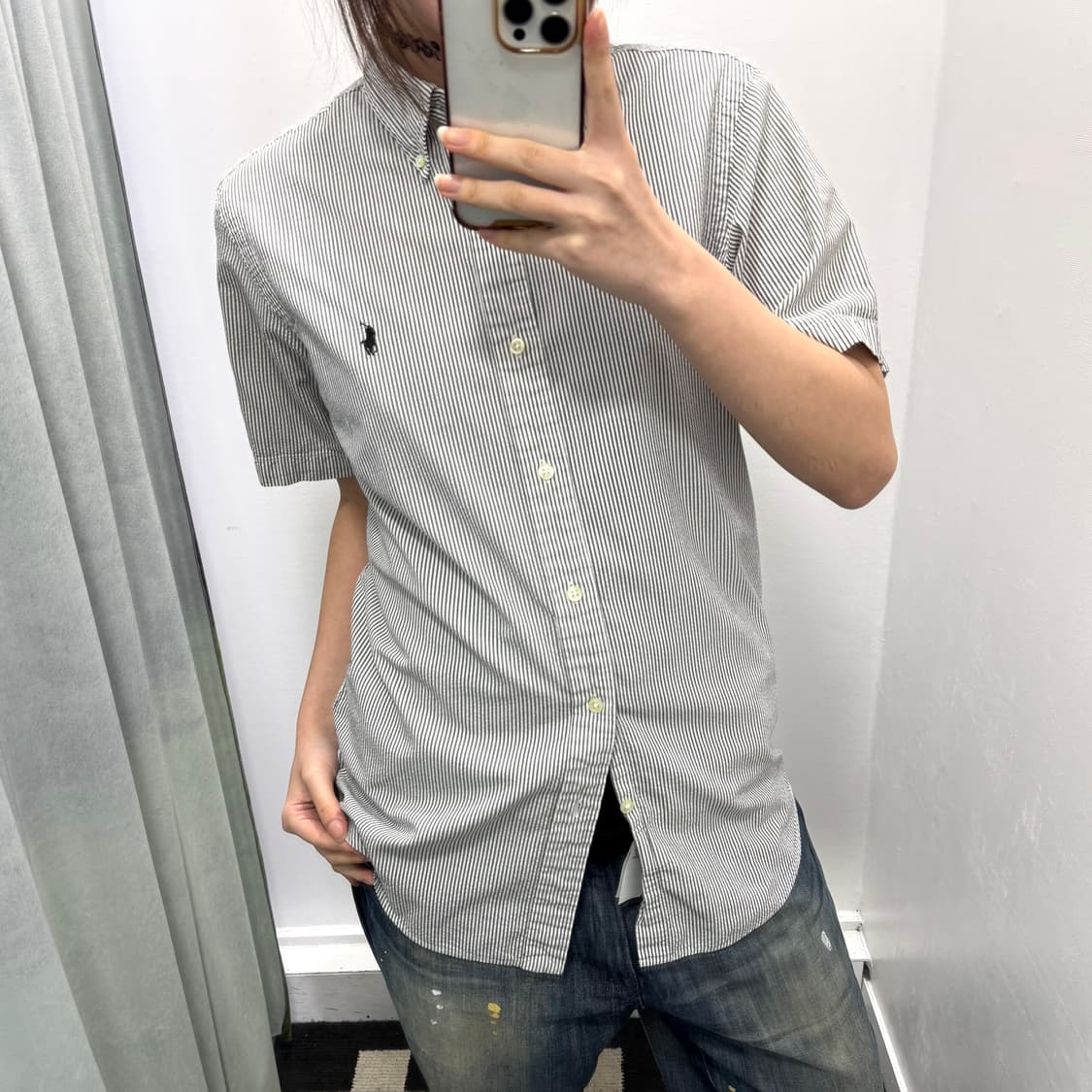 폴로 그레이 시어서커 스트라이프 반팔셔츠 상품이미지2