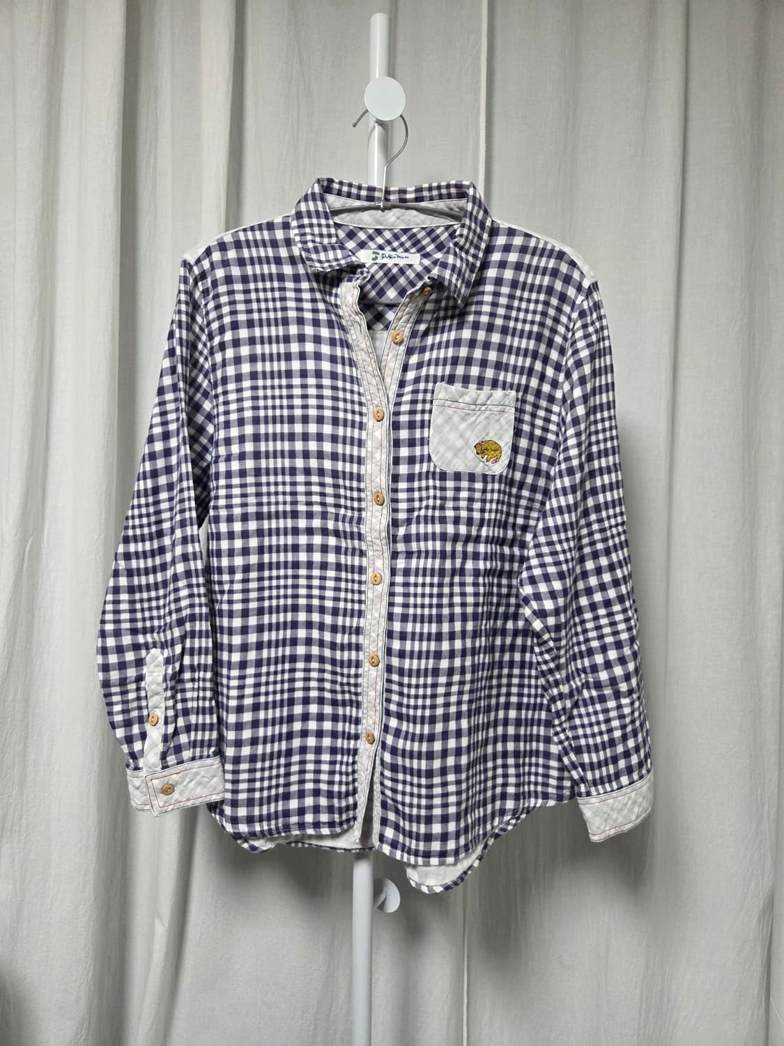 거즈 코튼 고양이 자수 깅엄체크 셔츠 상품이미지2