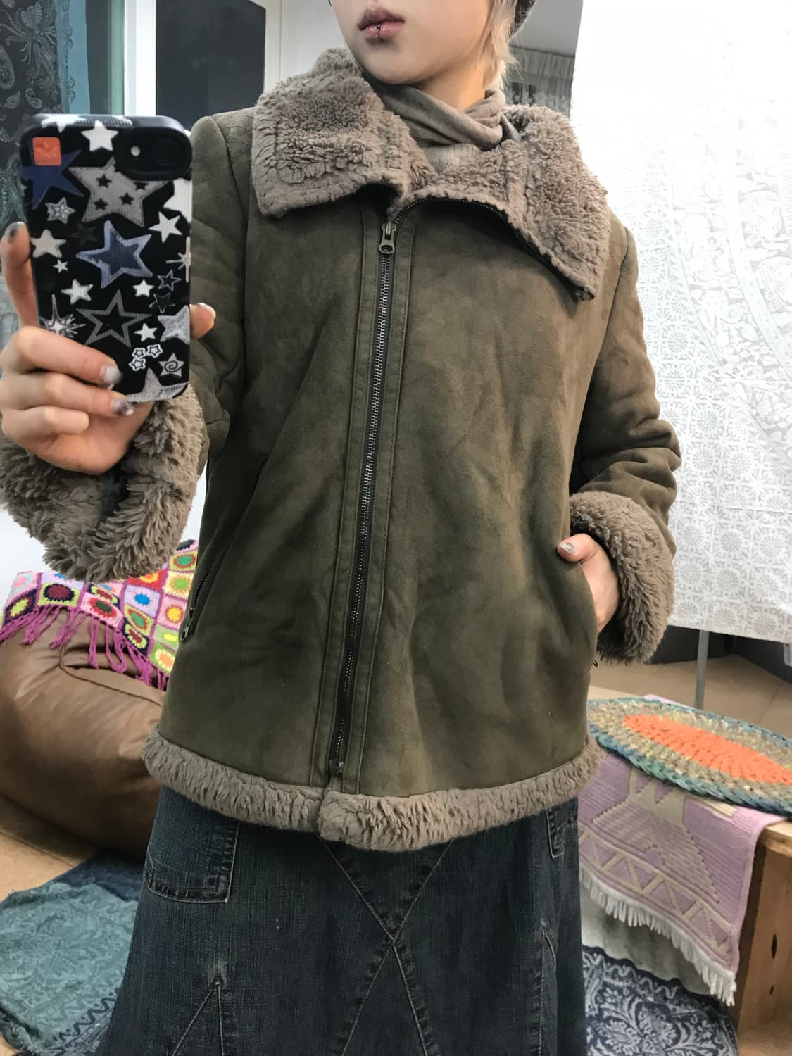 빈티지 여성 스웨이드 카키 무스탕 자켓  상품이미지1