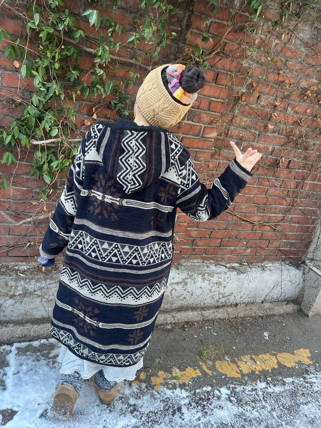 블랙 겨울패턴 후드 롱 코트 상품이미지7