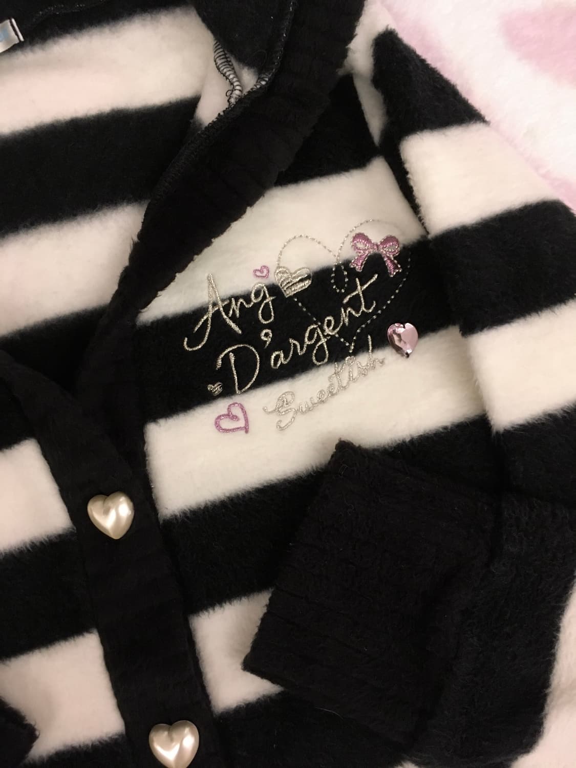 블랙 스트라이프 퍼 후드 가디건 하트쥬얼버튼 리본포켓 갸루 조지후쿠 상품이미지3