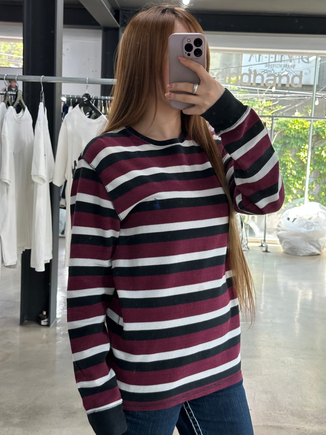 폴로 스트라이프 와플 롱슬리브 버건디 상품이미지2