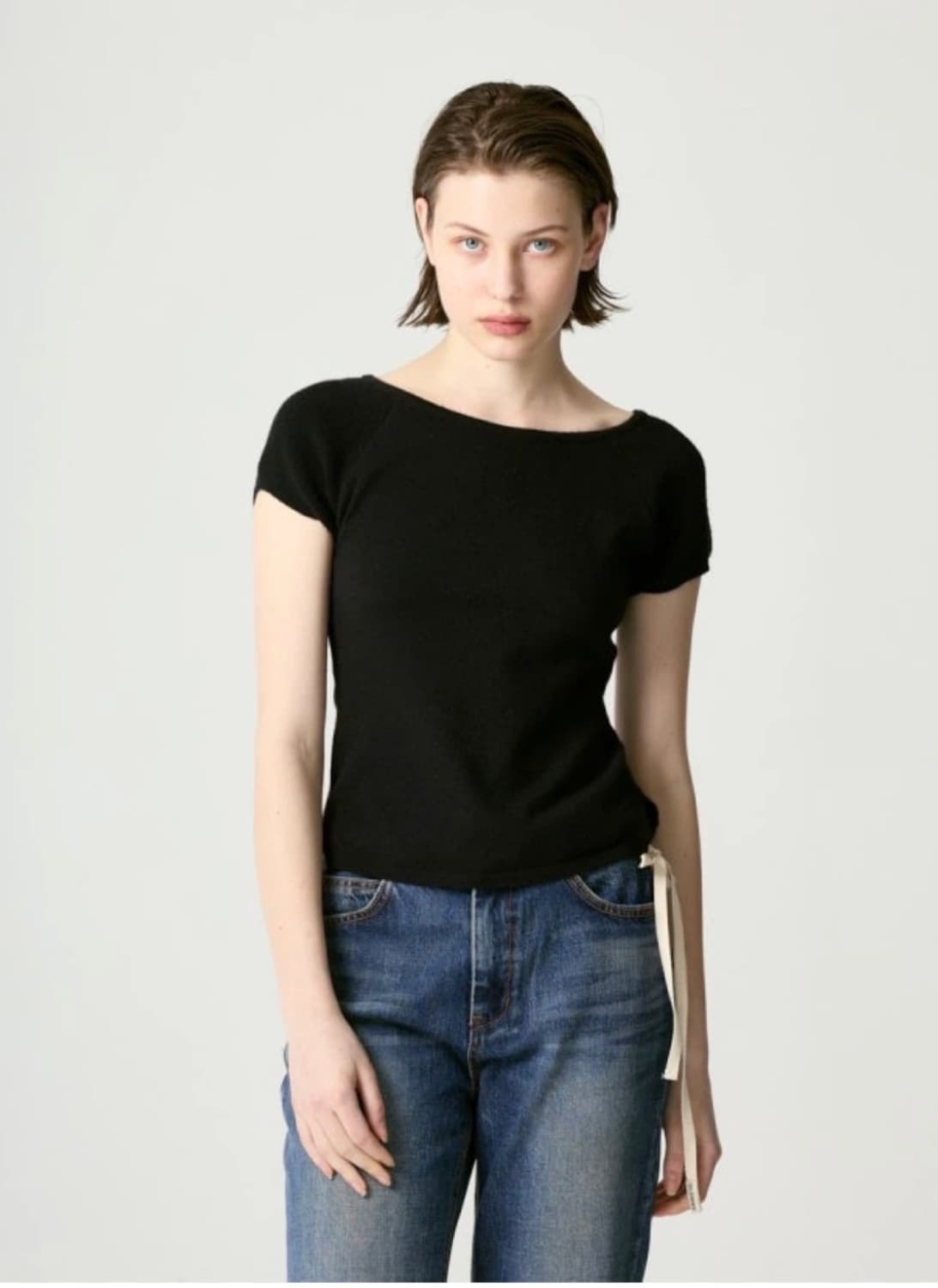 글로니 보우 슬릿 니트 탑 블랙 상품이미지2