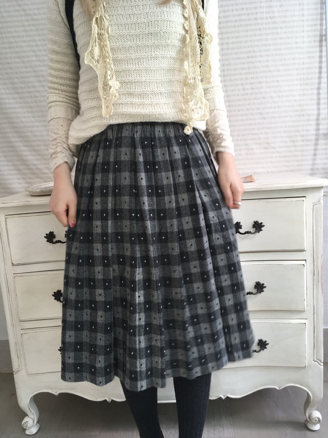 jpn vintage charcoal dot check skirt 상품이미지2