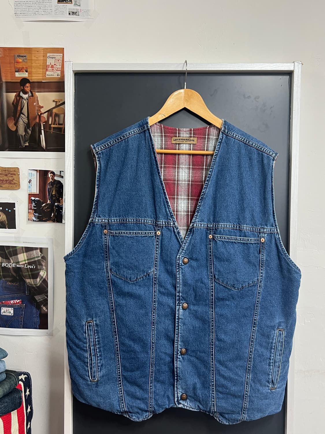 90s Levis USA 리버시블 체크 데님 웨스턴 베스트  상품이미지3