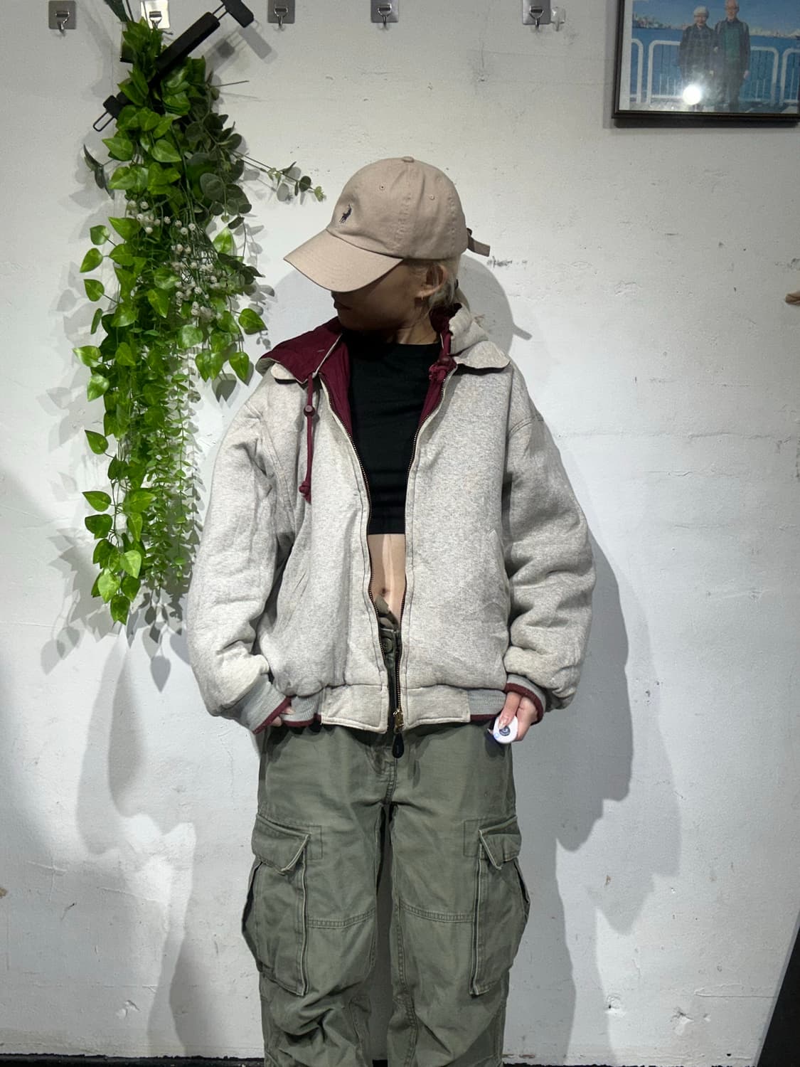 일본 빈티지 버건디 베이지 리버시블 양면 후드 점퍼 자수 자켓 잠바  상품이미지5